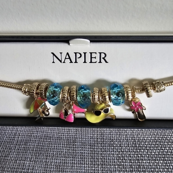 Napier Gold Pink Blue Yellow Summer Charm 7" Bracelet Jewel Flip Flop Hat Bikini - Picture 1 of 4